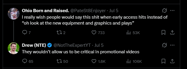 A Twitter reply from Not The Expert saying that creators weren't allowed to speak critically during promotional videos 