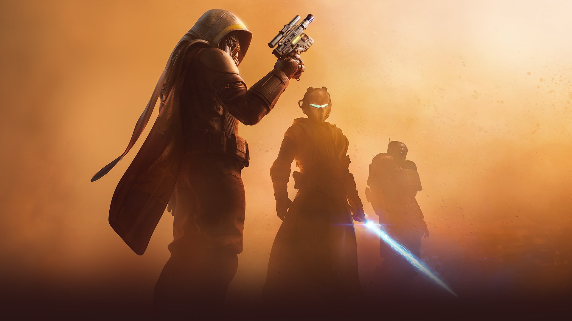 A Destiny Hunter, Titan, and Warlock in the desert