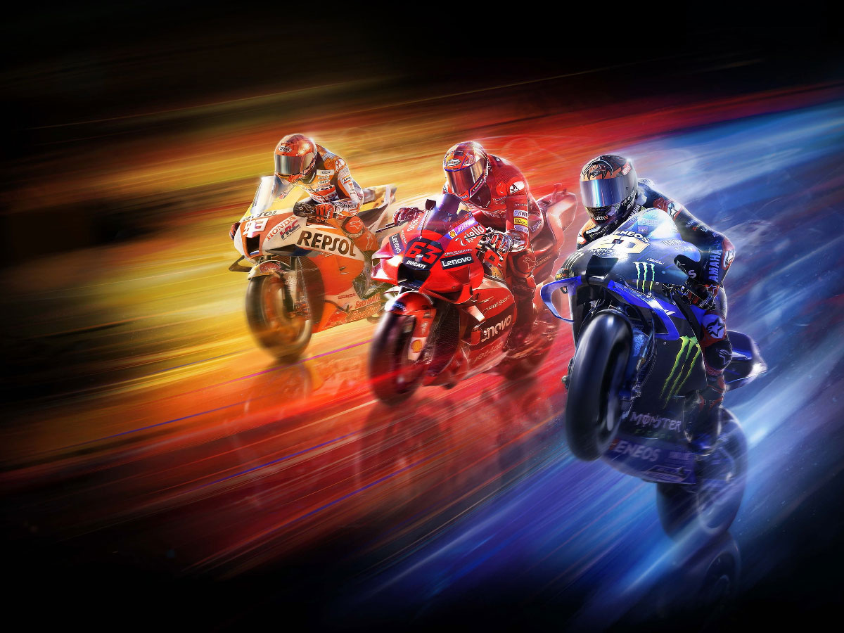 Three bikes speed by in a colored world