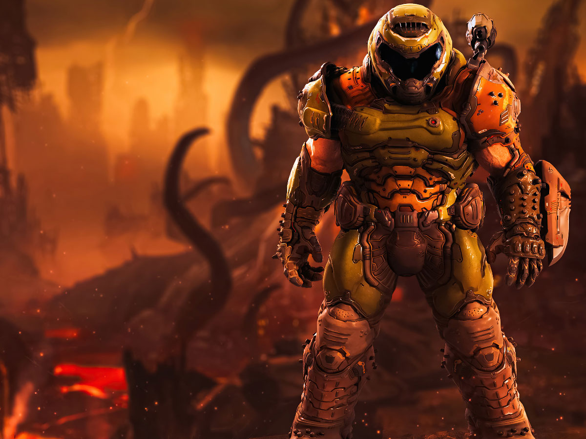The main character from ID's DOOM stands looking out, with hellish landscape behind him.