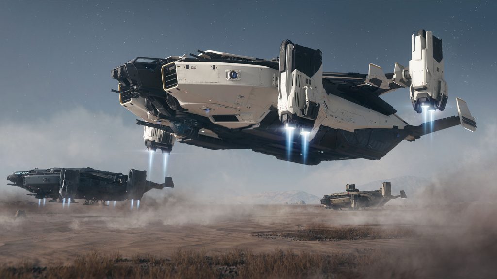 Ships from the game star citizen land in a field.