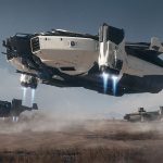 Ships from the game star citizen land in a field.