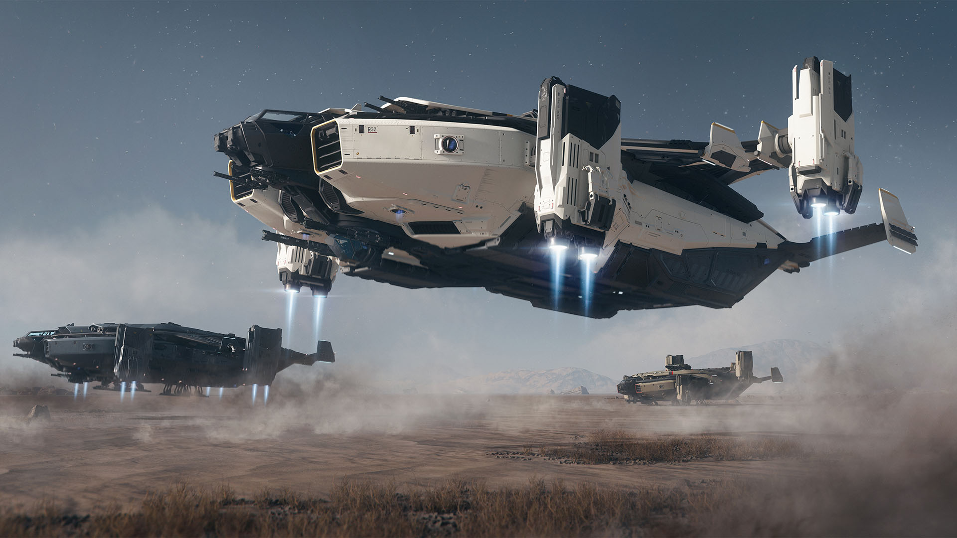Ships from the game star citizen land in a field.