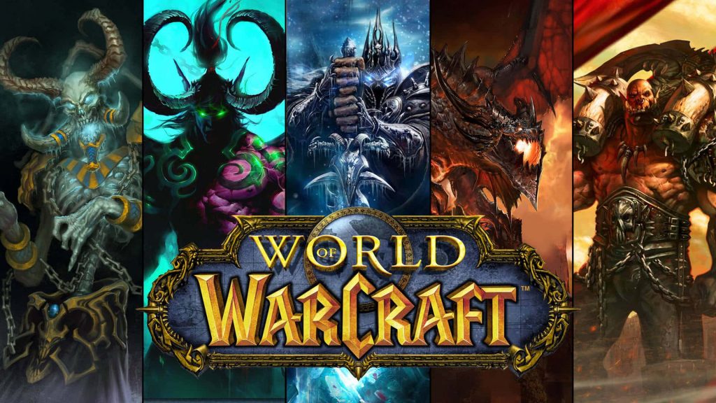 various characters from the video game World of Warcraft, along with the World of Warcraft logo