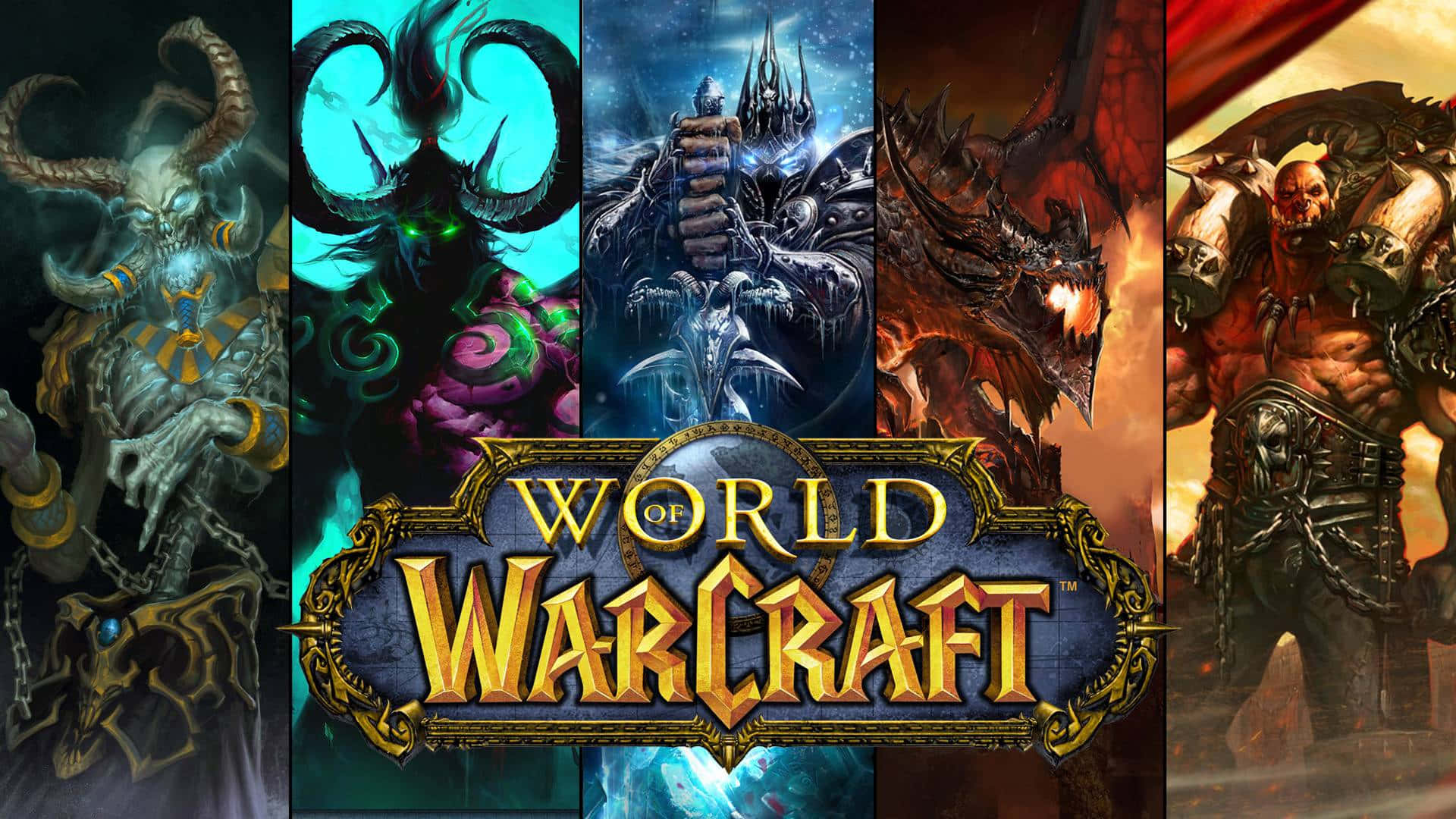 various characters from the video game World of Warcraft, along with the World of Warcraft logo