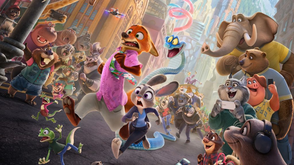 Characters from Zootopia 2, Judy Hops and Nick Wilde running down a street