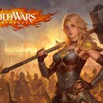A woman holding a large two handed hammer, with the guild wars reforged logo in the top left corner