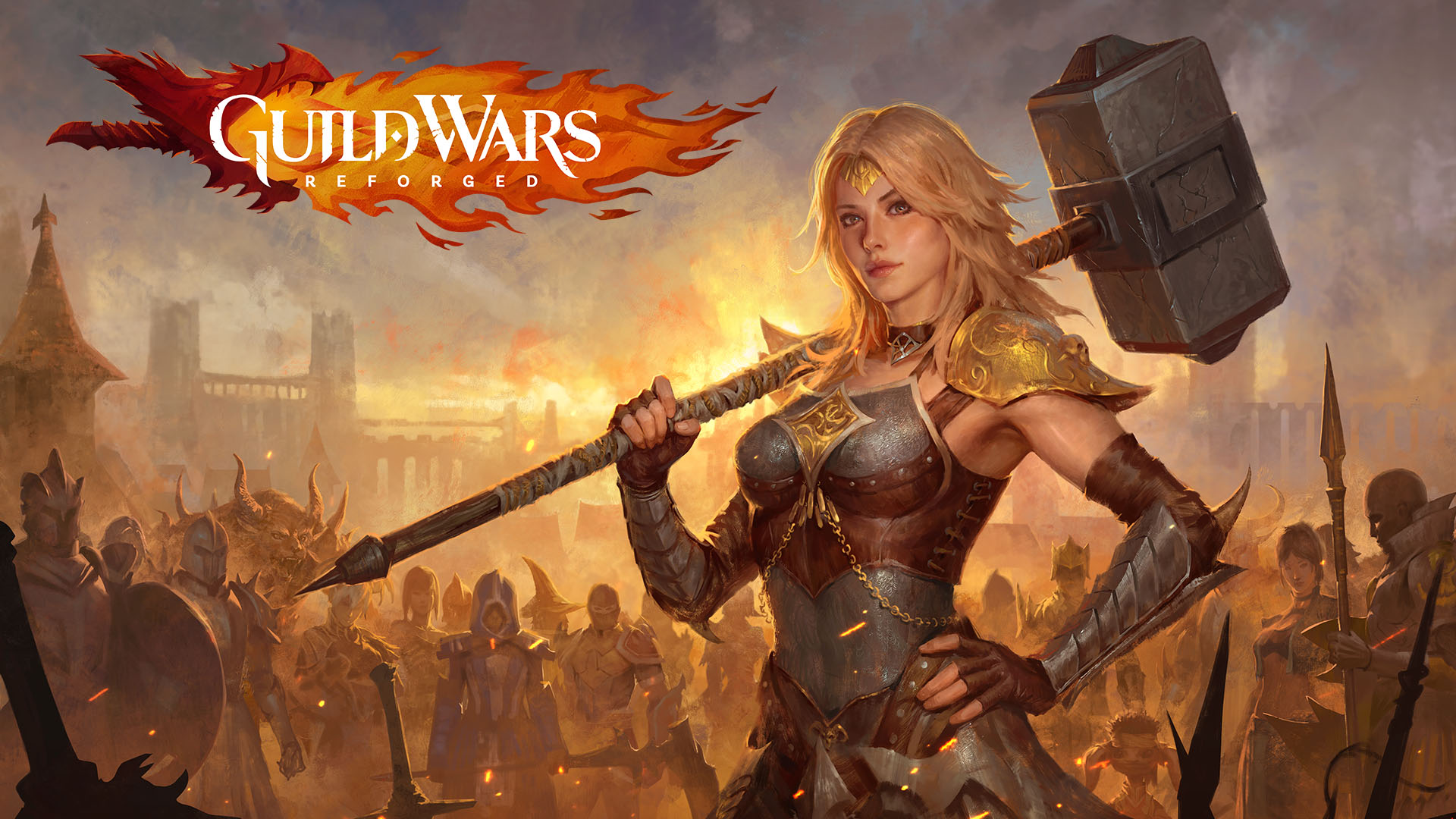 A woman holding a large two handed hammer, with the guild wars reforged logo in the top left corner