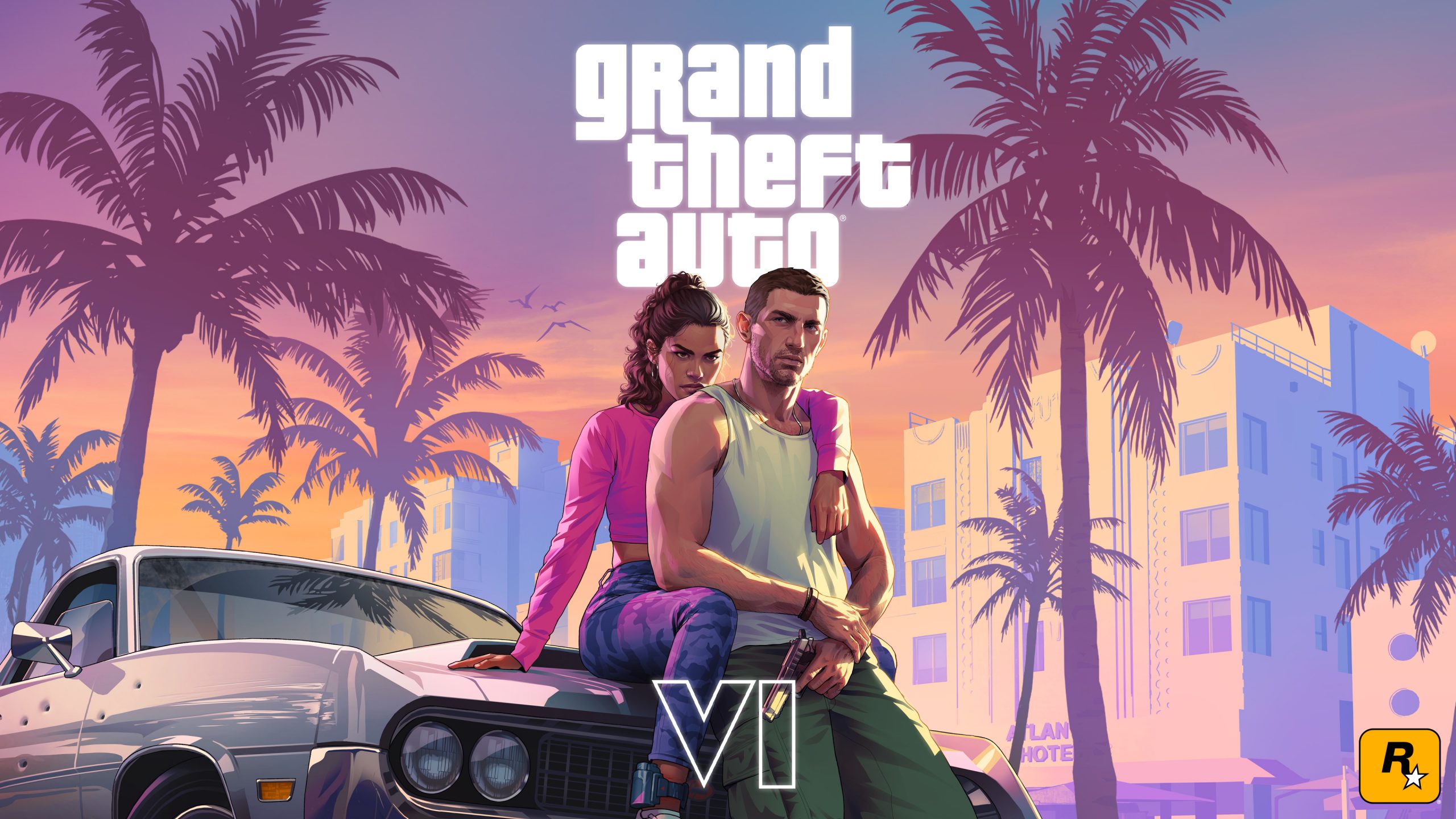 The characters Jason and Lucia from the video game Grand Theft Auto 6, with the games logo in the background, further in the background we see an outline of Vice City
