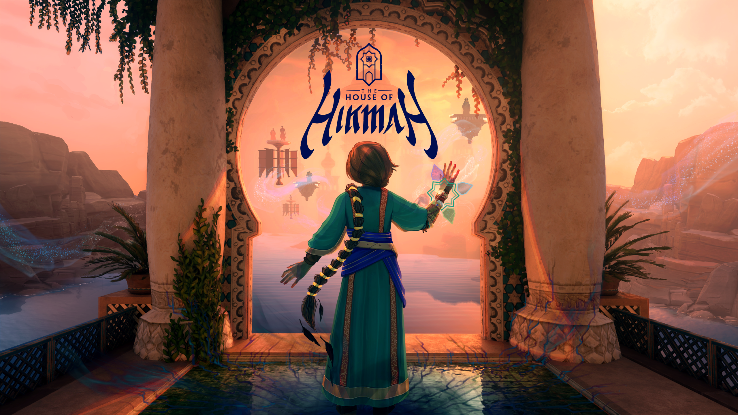 The House of Hikmah Keyart - Featuring a young girl whos back is turned, staring out of an arabic inspired archway into a distant sunset