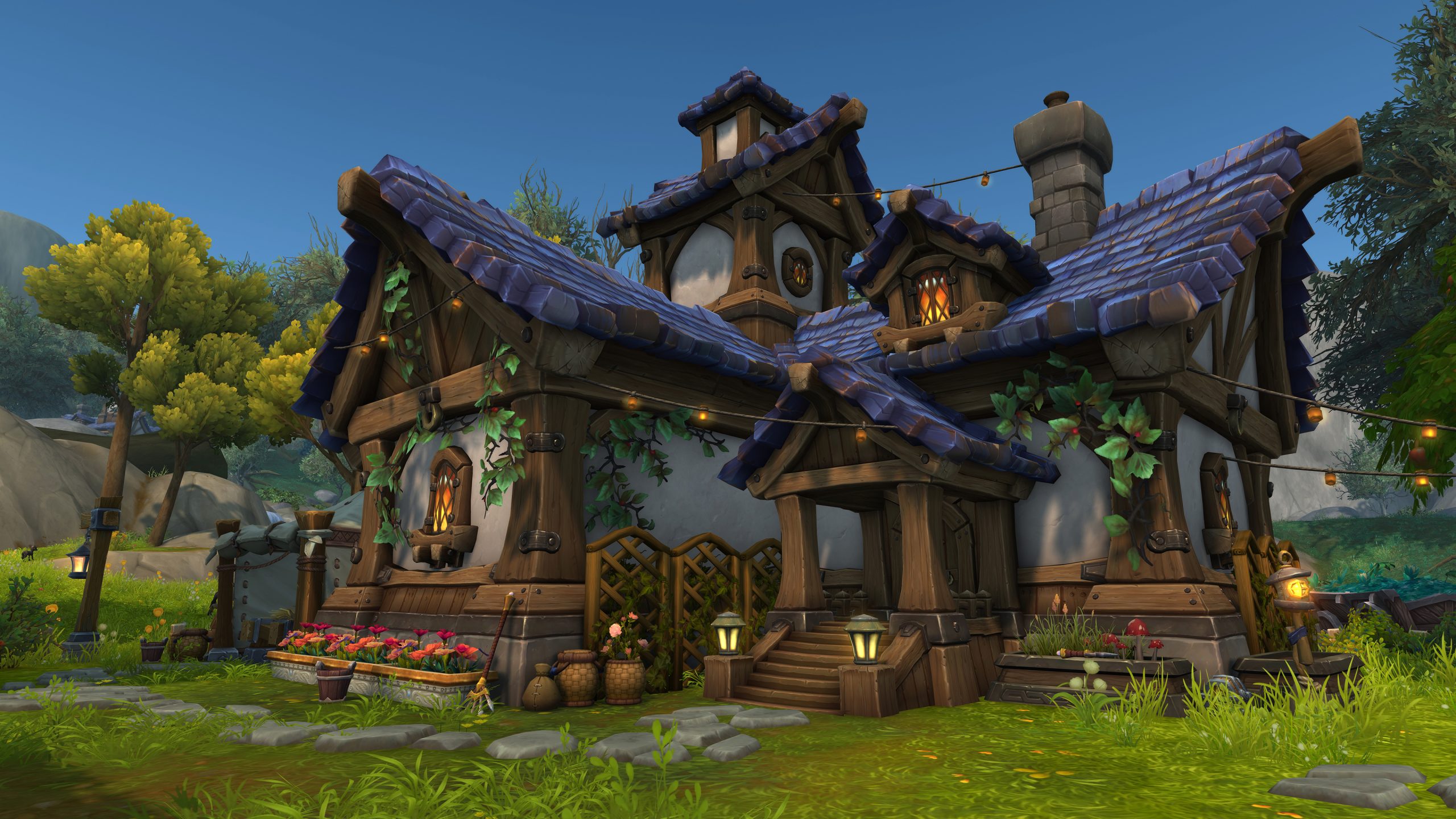 An Alliance house in World of Warcraft, decorated with lights, a blue sky in the background