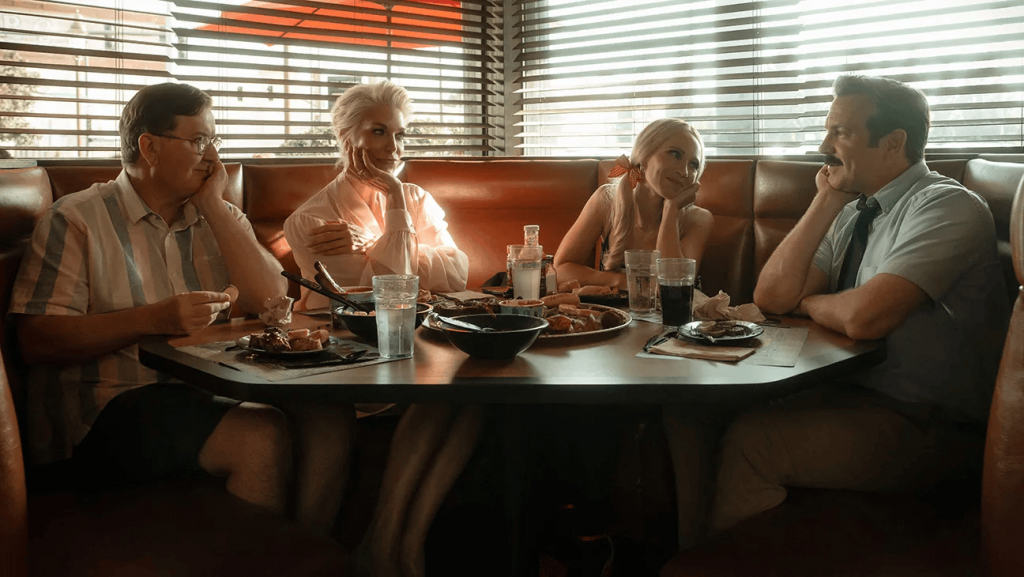 Ted Lasso Season 4 Episode 1 review - Ted, Higgins, Rebecca, and Keeley sat around a restaurant table